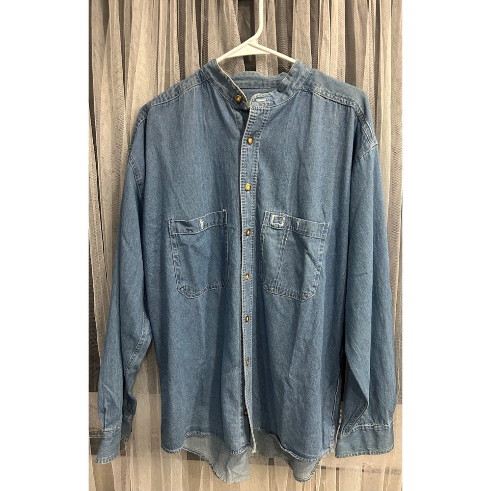 Vintage Guess by Georges Marciano Denim Band Collar Shirt Mens XL Blue 90s #141